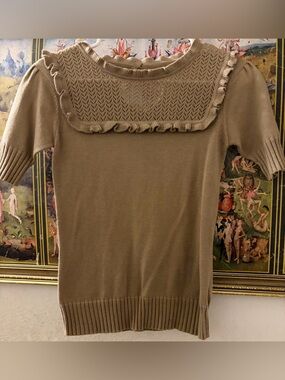 Ruffled Yoke Scoop Neck Sweater - Beige